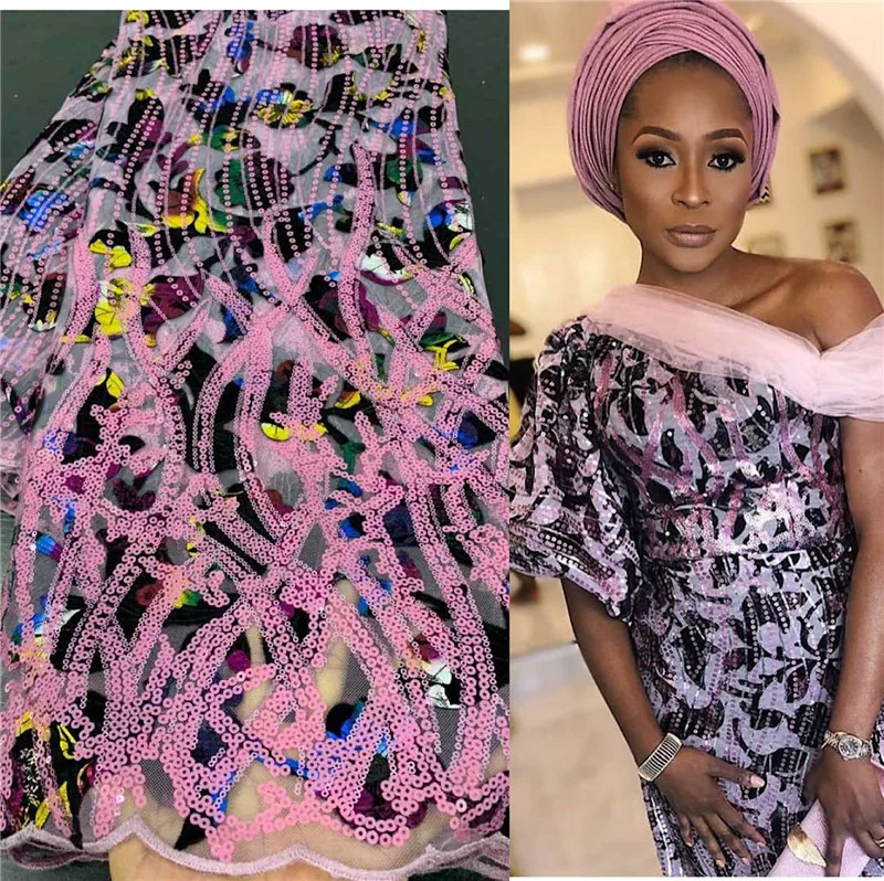 

Pink Nigerian Lace Fabric with Sequins High Quality Velvet Flocking Sequins Lace Fabric for Wedding Party Velevt Lace APW2830B