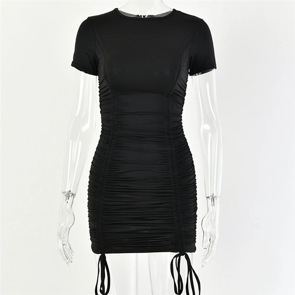 Articat/Белое Плиссированное облегающее платье с рюшами; женские вечерние мини-платья на завязках с коротким рукавом; однотонное повседневное обтягивающее платье - Цвет: Черный