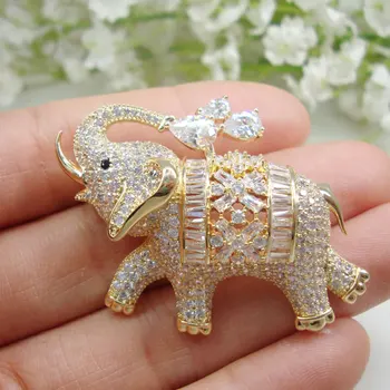 

New Lovely Clear Zircon Crystal Elephant Woman Animal Brooch Pin Gold Tone