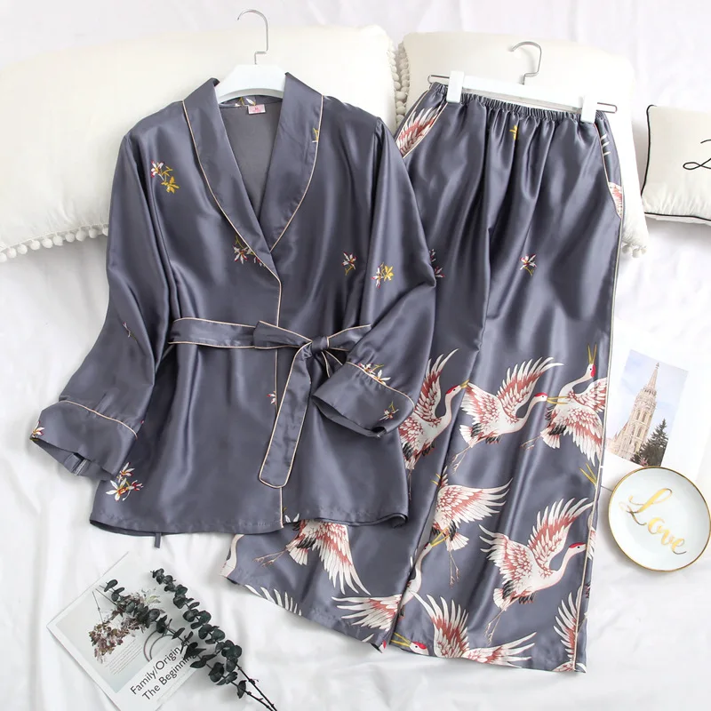 Print-Floral-Crane-Grey-Rayon-Women-2PCS-Shirt-pant-Home-Wear-Casual-Lounge-Sleepwear-Nightgown-Pajamas