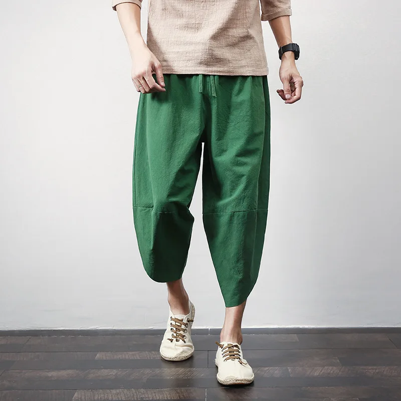 

201819 Flax Chinese-style Loose-Fit Athletic Pants Beam Leg Cotton Pants Large Size Men's Capri Harem Pants Lantern 2019