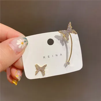 

Korean New Design Fashion Jewelry Exquisite Copper Inlay Zircon Full Crystal Butterfly Asymmetric Ear Bone Fake Female Earrings