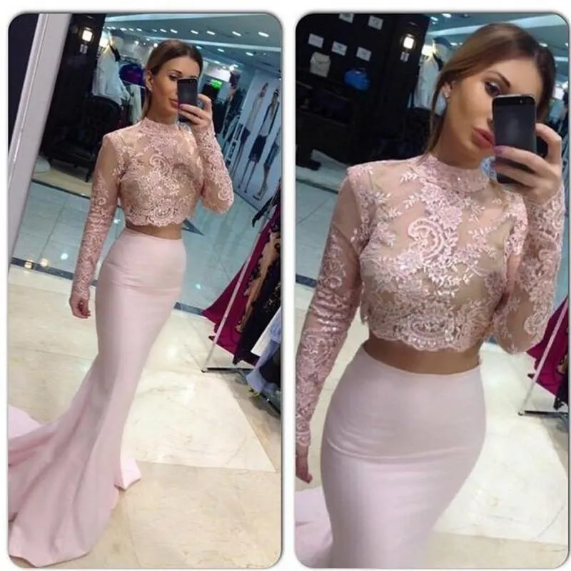 

Vestidos Two Pieces Long Sleeves Prom Dresses 2019 High Neck Vintage Pink Lace Applique Arabic Women Party Evening Dress Gowns