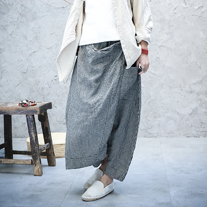 New Retro Cotton Linen Plaid Pockets Irregular Cross-pants Autumn Fashion Loose Comfortable All-match Women Pants