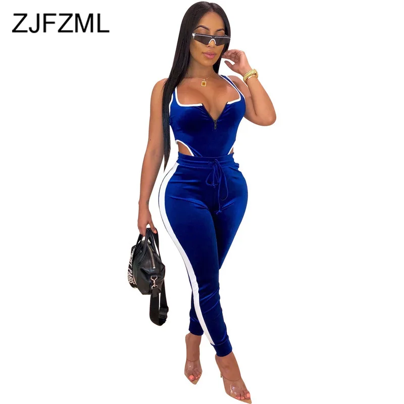

Contrast Color Velvet 2 Piece Set Summer Outfits for Women Tank Open Back Crop Tops and Pencil Pants Sexy 2Pcs Matching Sets
