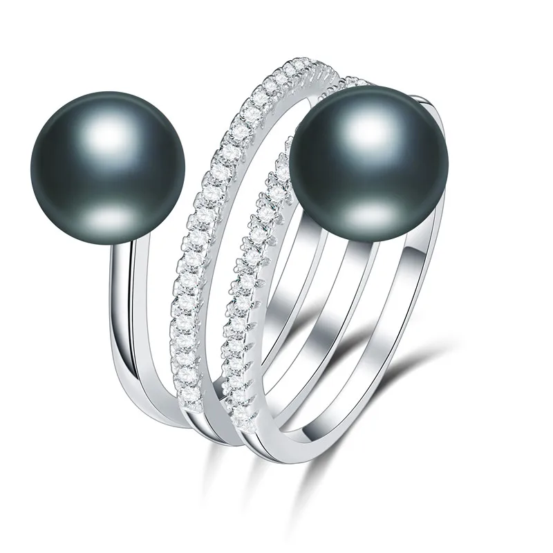Black Dainashi Freshwater Cultured Pearls Ring Luxury 925 Sterling Silver Shiny Zircon Crystal Adjustable Ring for Women Party Gift - Gem Color: Black