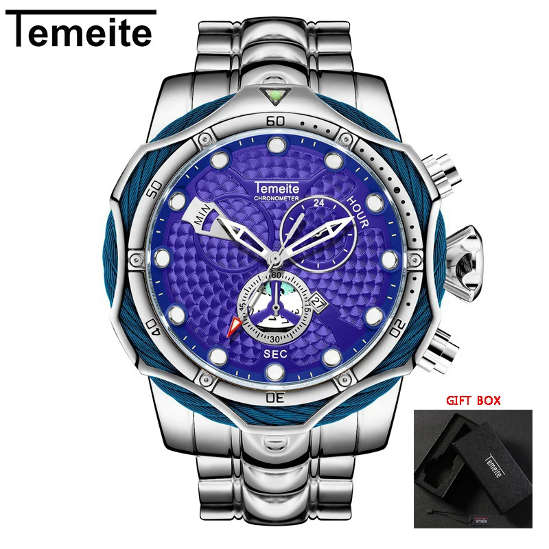 silver blue Temeite Топ бренд Роскошные Дизайнерские мужские часы золотые часы для мужчин кварцевые часы водонепроницаемые наручные часы Relogio Dourado Masculino - Цвет: silver blue