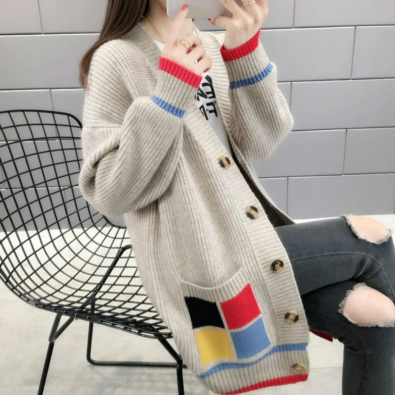 

WQJGR 2019 Cardigan Winter Sweater Women V-Neck Lantern Sleeve Single Breasted Loose Tjick Cardigan Women