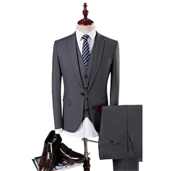 New men leisure single-breasted suits 3 pieces sets / Man's pure color business suit jacket blazers coat+ vest+pants - Цвет: 3 PCS shen hui se