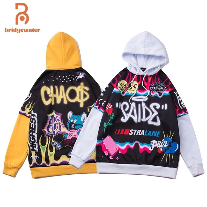 

BRIDGEWATER Hoodies Men Colorful Hip Hop Cartoon Graffiti Print Streetwear Winter Hooded Loose High Street Sweatshirt Pullover