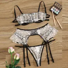 Сексуальное женское белье, сексуальный комплект из бюстгальтера и Для женщин в горошек с кружевами для нижнего белья бюстгальтер+ пояс+ шортики, комплект из короткого пеньюара беби долл нижнего белья Комплект Lenceria