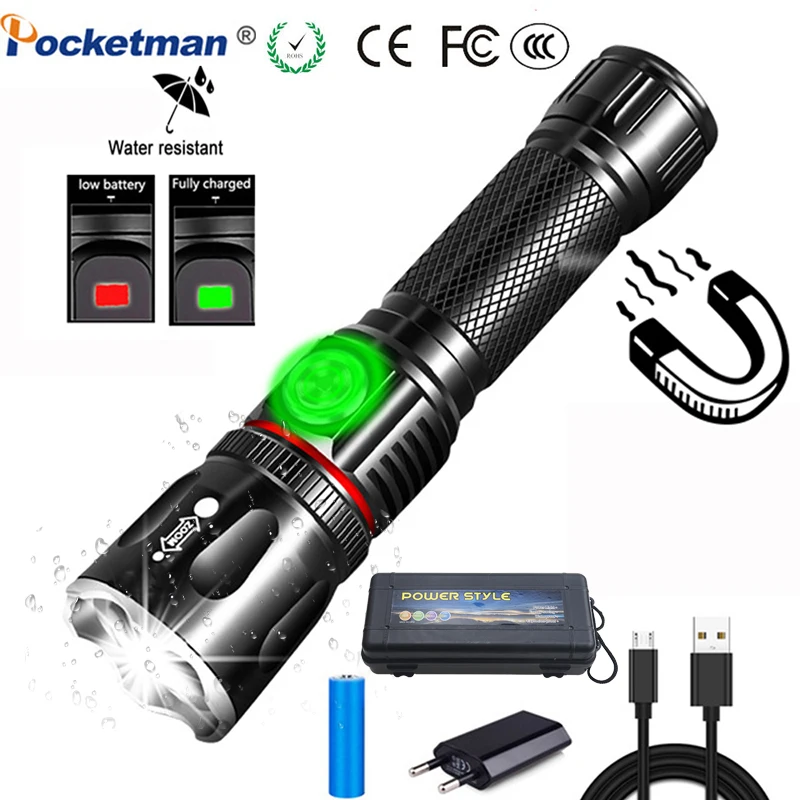 

USB Charging High-end LED Flashlight Surrounding COB lamp + Tail magnet design zoom 4 lighting modes T6 L2 Torch Waterproof