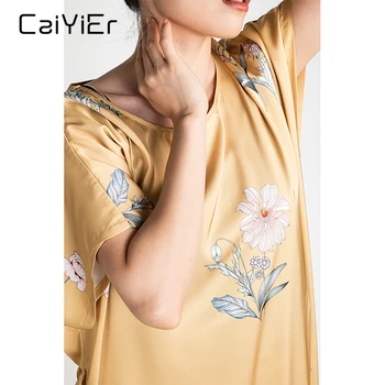 

Caiyier 2020 New Summer Flower Silk Satin Nightdress O-Neck Nightgown Long Sexy Lingerie Nightgown Female Loose Bathrobe Gown