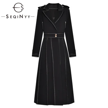 

SEQINYY Black Dress 2020 Autumn Winter New Fashion Design Long Sleeve Rivet High Quality Women Midi Dress
