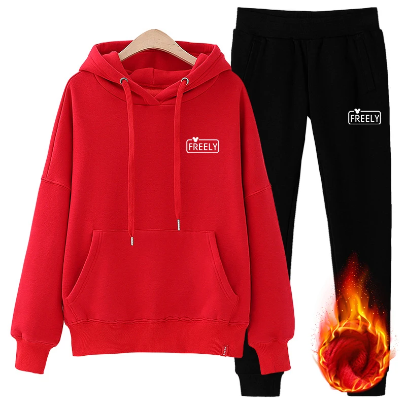 1861008336redblack Большой размер S-XXXL Новые женские спортивные костюмы осень и зима модные повседневные свободные плюс бархатный вкладыш фуфайка комплект - Цвет: 1861008336redblack