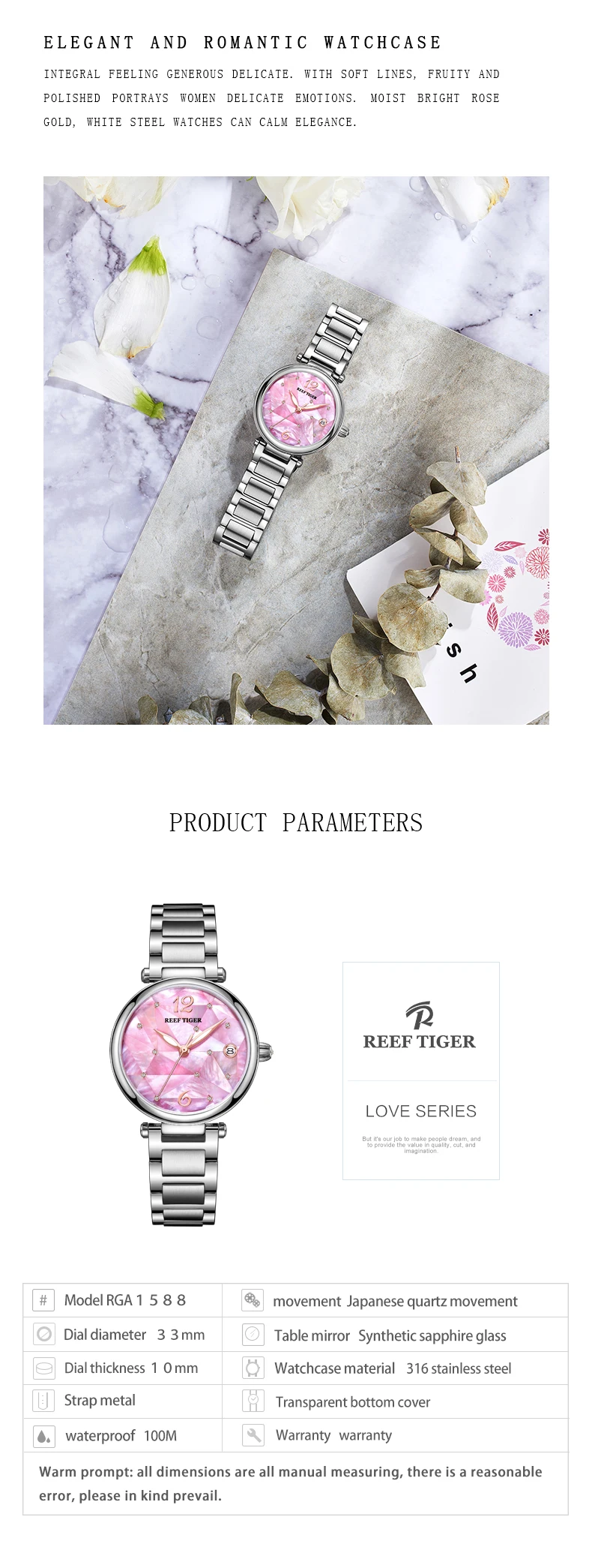 Риф Тигр/RT розовый циферблат розовое золото Роскошные модные бриллиантовые женские часы браслет из нержавеющей стали механические часы RGA1584