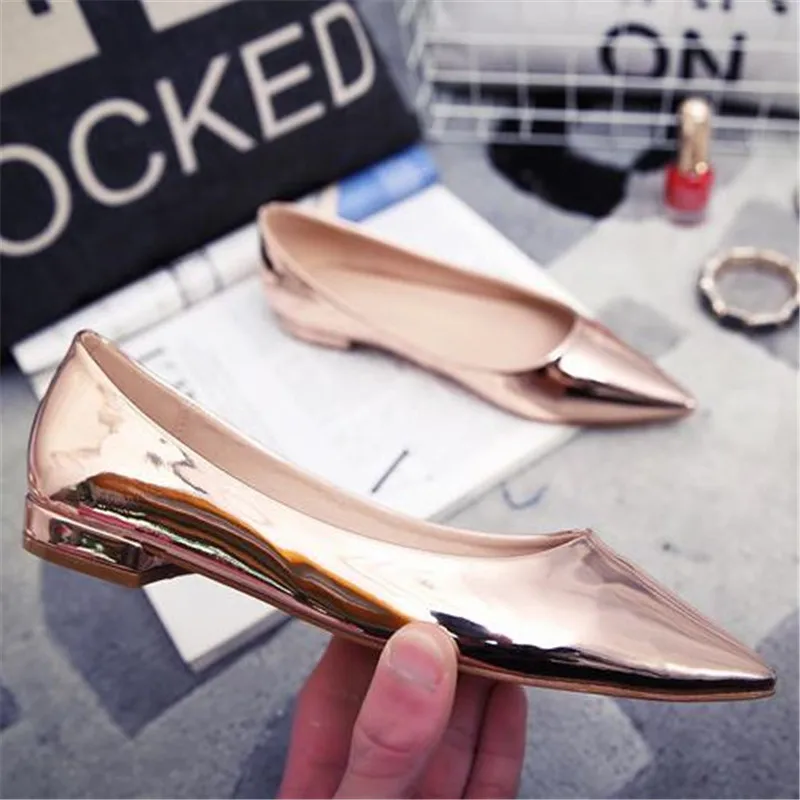 Women Loafers Flat Heel Pointed Toe Flat Shoes Japanned Leather Silver Single Shoes Patent Leather Size 33-43