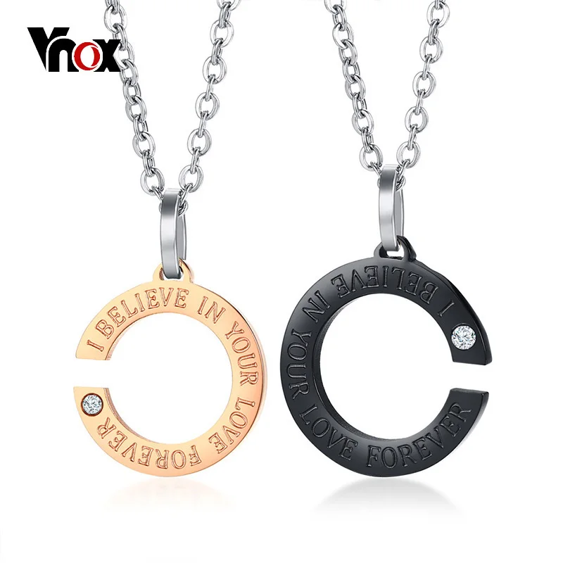 Парное ожерелье Vnox с гравировкой I BELIEVE IN YOUR LOVE FOREVER фианиты нержавеющая сталь