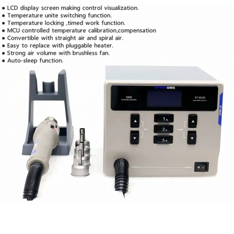 ATTEN ST-862D lead-free hot air gun soldering station Intelligent digital display 1000W rework station For PCB chip repair 4