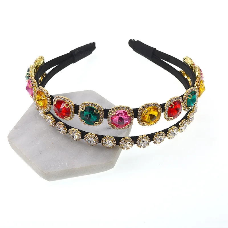 

Europe And America Baroque Fashion And Personality Color Headdress Crystal Color Gemstone in Headband Fashion Double Layer Hair