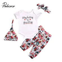 Комплекты из 4 предметов для маленьких девочек Одежда для новорожденных девочек боди с буквенным принтом+ штаны с цветочным принтом+ шапочка с цветочным рисунком+ повязка на голову, одежда для маленьких детей