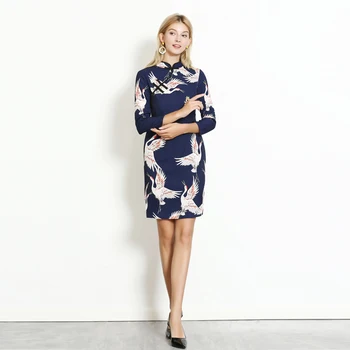 

Xiaomoli Elegant Chinese style cheongsam retro flower crane print Ruyi buckle temperament dress 2020 new fashion