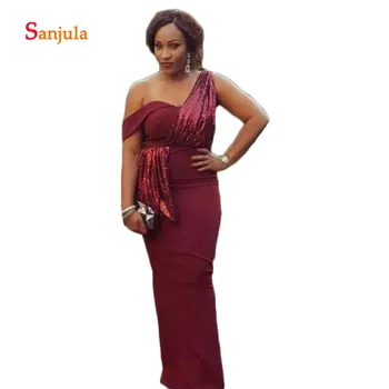 

Burgundy Jersey Bridesmaid Dresses Sheath One Shoulder Sequins Long Wedding Party Dresses Maid of Honor Dress Long D1440