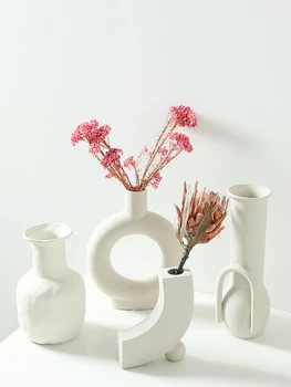 

Nordic creative geometric art Vase decoration living room flower arrangement home dried flowers Simple White ceramic Ornaments