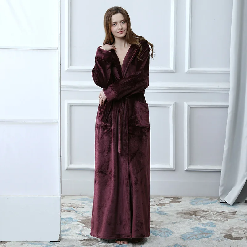 Women winter bathrobe with Hooded noble couple warm thick flannel velvet robes roupao feminino loose soft homewear sleepwear - Цвет: Female-wine red