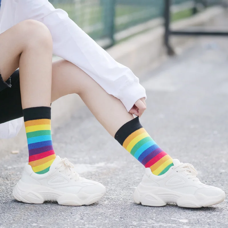 

New rainbow stripe cartoon tube female socks Japanese long socks Harajuku trendy street Korean candy-colored female socks