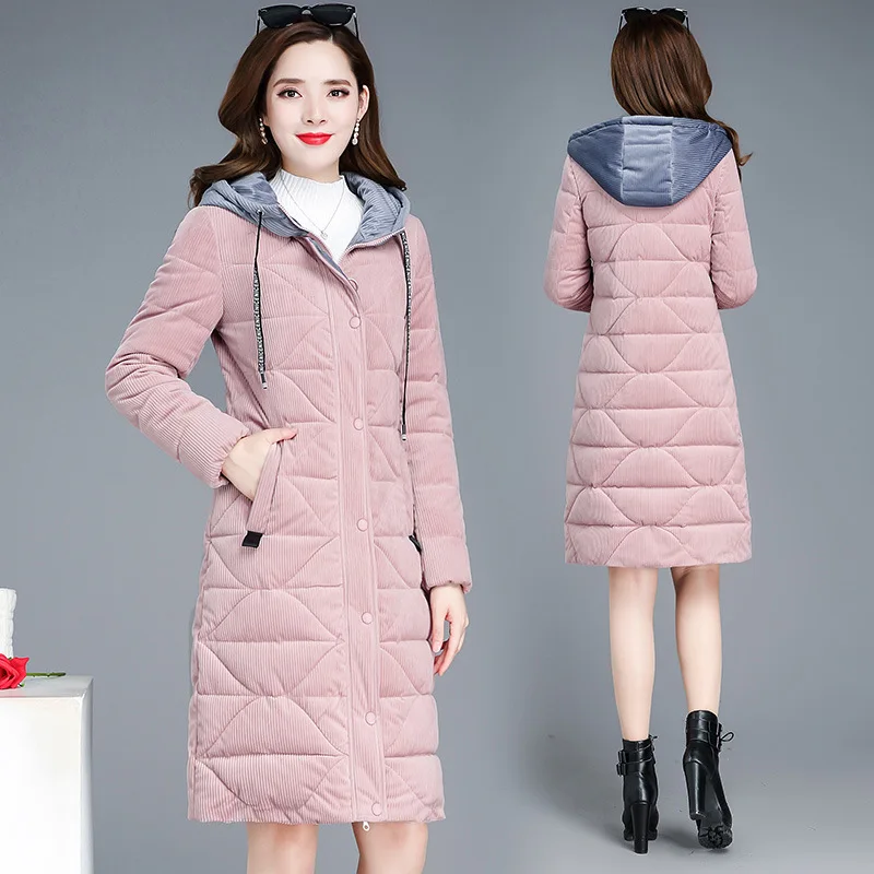 

Corduroy Coat Mid-length Winter 2019 New Style Cotton Coat Women's Korean-style Contrast Color Hooded Cotton Clothes Warm Coat