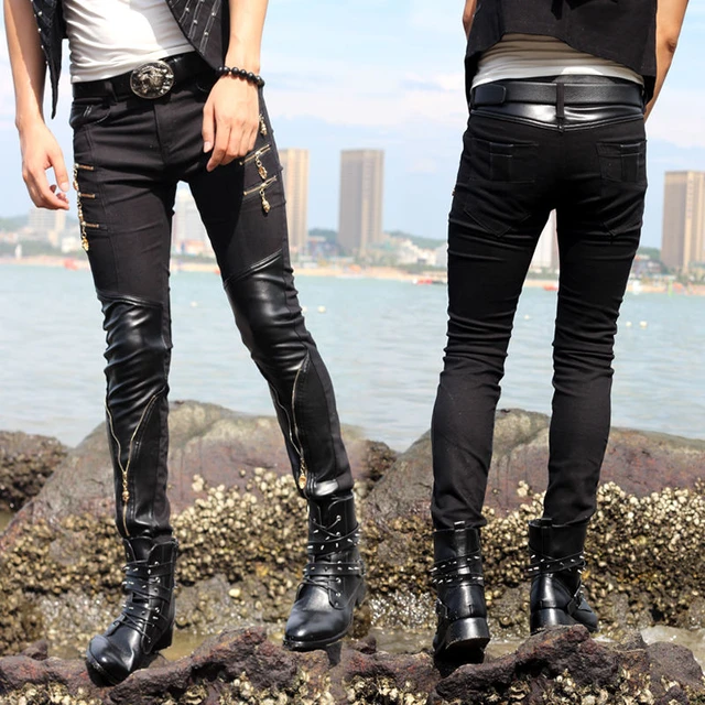 Idopy Fashion Men`s Casual Faux Leather Pants Cotton Patchwork