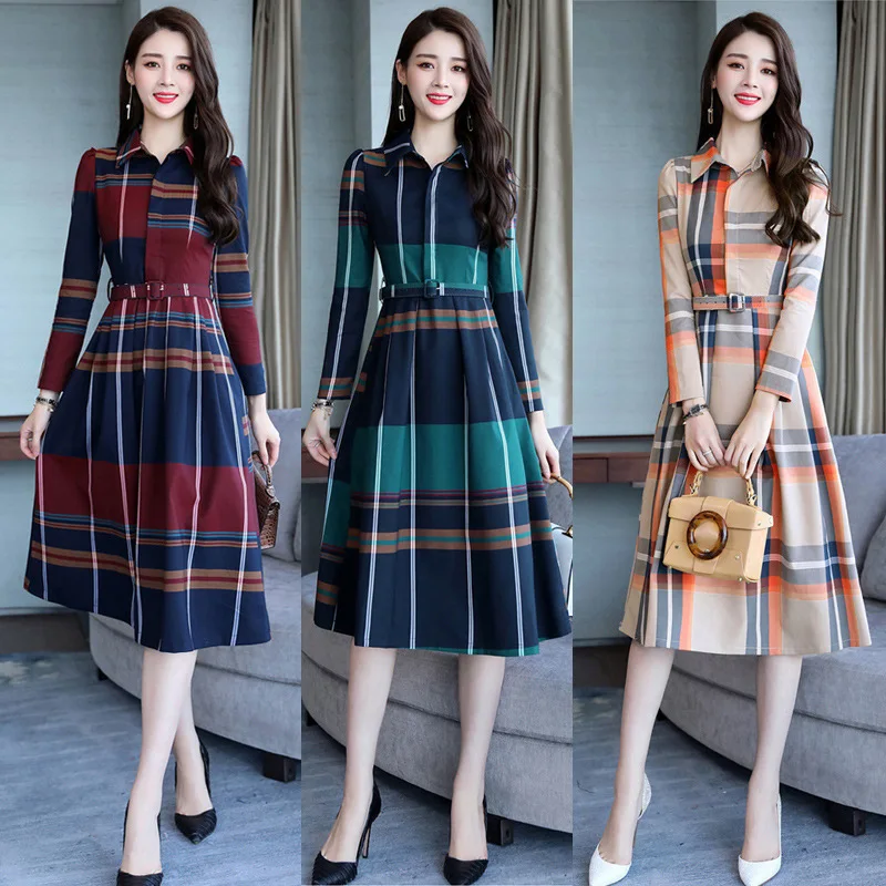 Осенняя одежда, стиль, приталенное обтягивающее элегантное клетчатое Деловое платье-рубашка, платье для ранней осени, Женская Популярная юбка