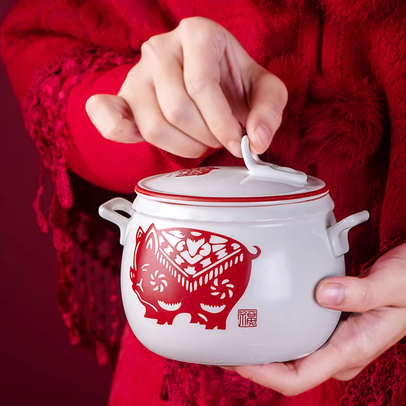 Керамический горшок для тушения Tureen с крышкой тоник суповая чаша мультяшная чашка женьшень кубилоза чаша водонепроницаемый тушью отель китайский стиль медленно