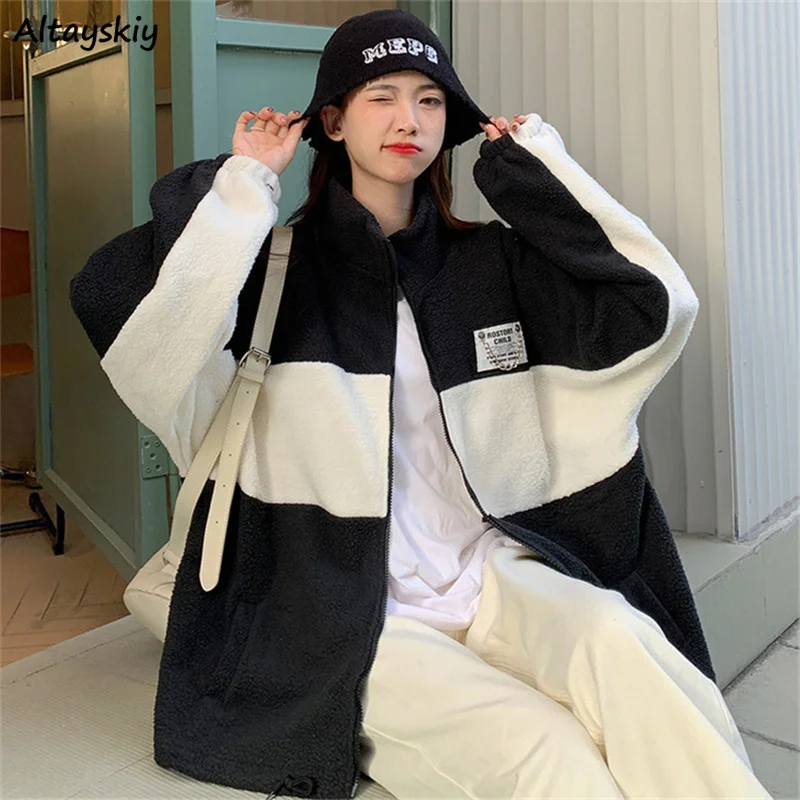 

Stand Collar Women Basic Jackets Patchwork Zipper Lambswool Loose Outwear Harajuku Cozy Cool Japanese Style All-match Hipsters