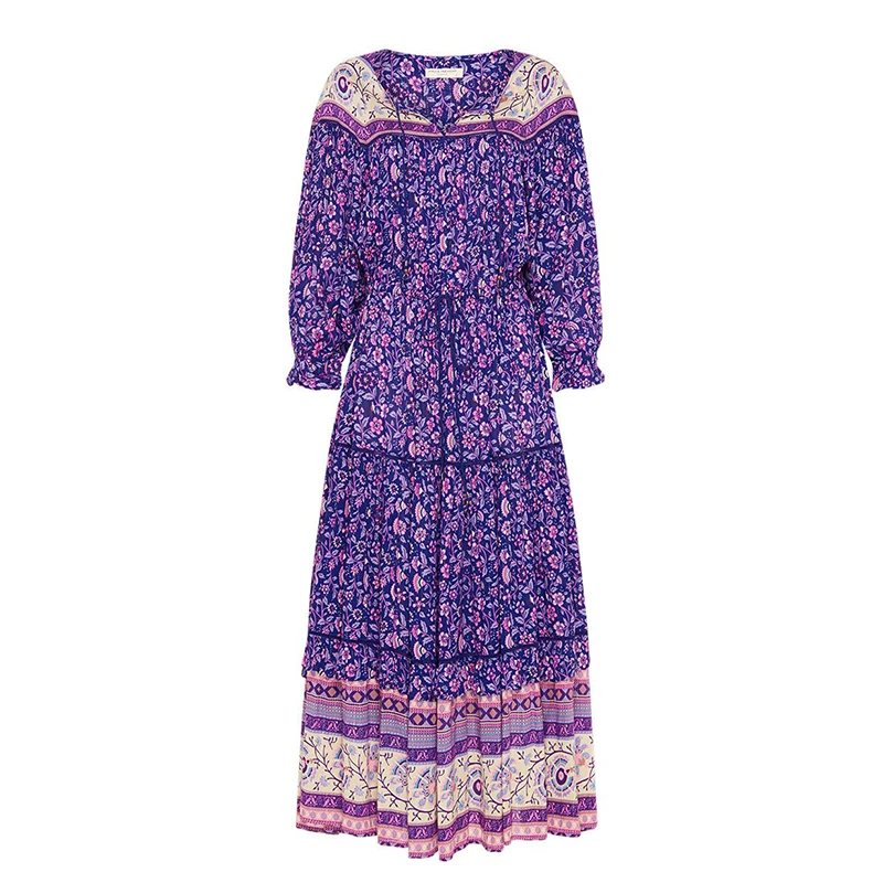 Everkaki Boho Платье макси с принтом женские кисточки шеи кимоно с завязками свободные богемные женские длинные платья женские Осень Зима Новинка