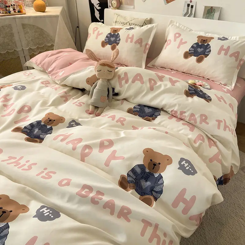 

Bed Linen Quilt Duvet Cover Pillowcase Cute Bear Boys Girls Single Full Queen Size Bedding Set for Kids Adult Home Textile