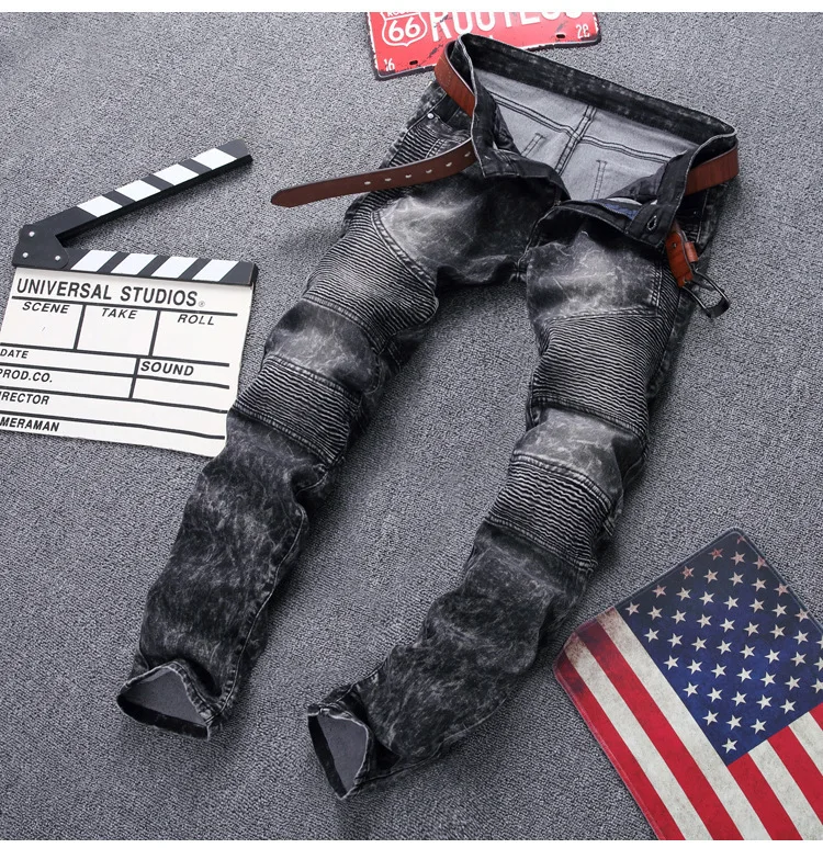 

BIKER high street locomotive fold snow stretch feet pants JEANS men's JEANS youth big yards cultivate morality