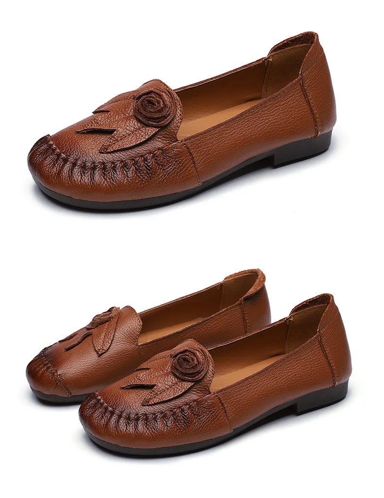 Новые осенние кожаные женские туфли на низком каблуке повседневные женские туфли с круглым закрытым носком и цветочным принтом тонкие туфли для среднего возраста