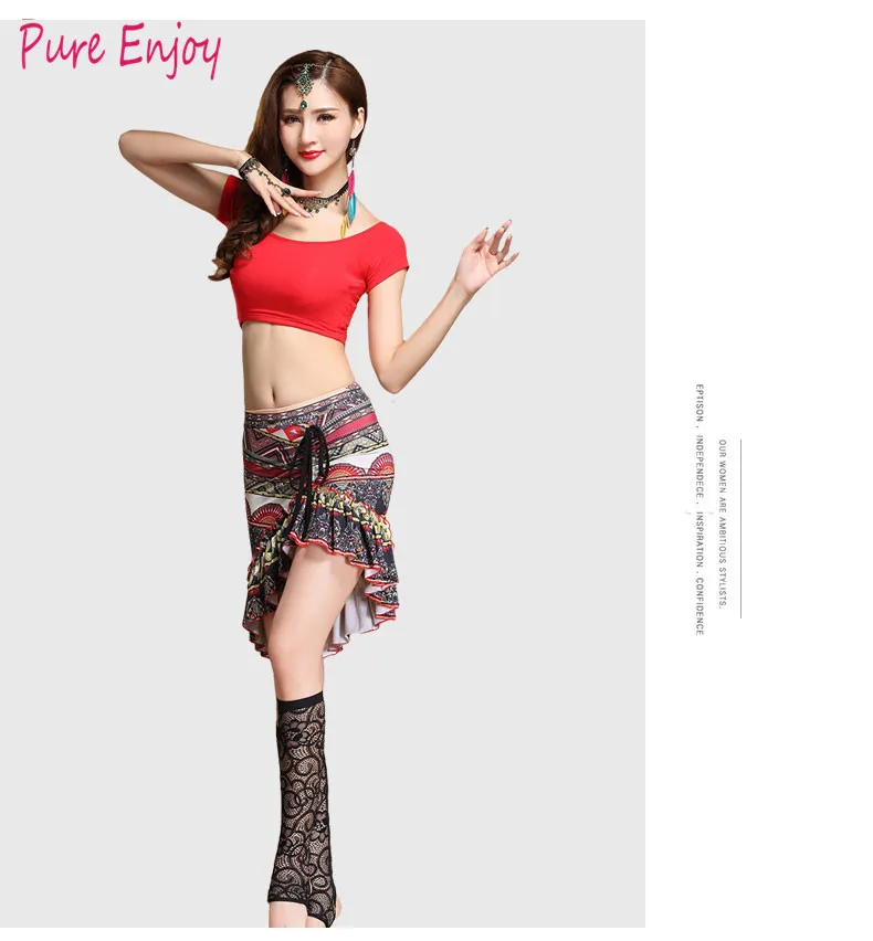 Танец живота Женщины Печатные Сетки Полиэстер Bellydance Set Dress Женщины Костюм Танец Живота 11 цветов Сексуальная рубашка с коротким рукавом юбка