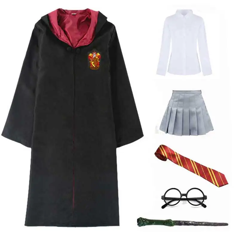 Gryffindor 6 pieces Костюм для косплея на Хэллоуин Гриффиндор хаффлпуф Слизерин Рейвенкло костюм Гермионы Грейнджер халат юбка очки униформа - Цвет: Gryffindor 6 pieces