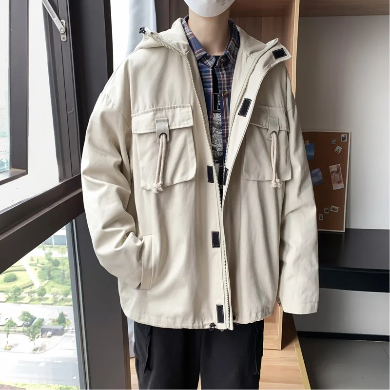 

Autumn New Hooded Jacket Men's Fashion Solid Color Multi-pocket Casual Jacket Man Streetwear Wild Hip Hop Loose Bomber Jacket