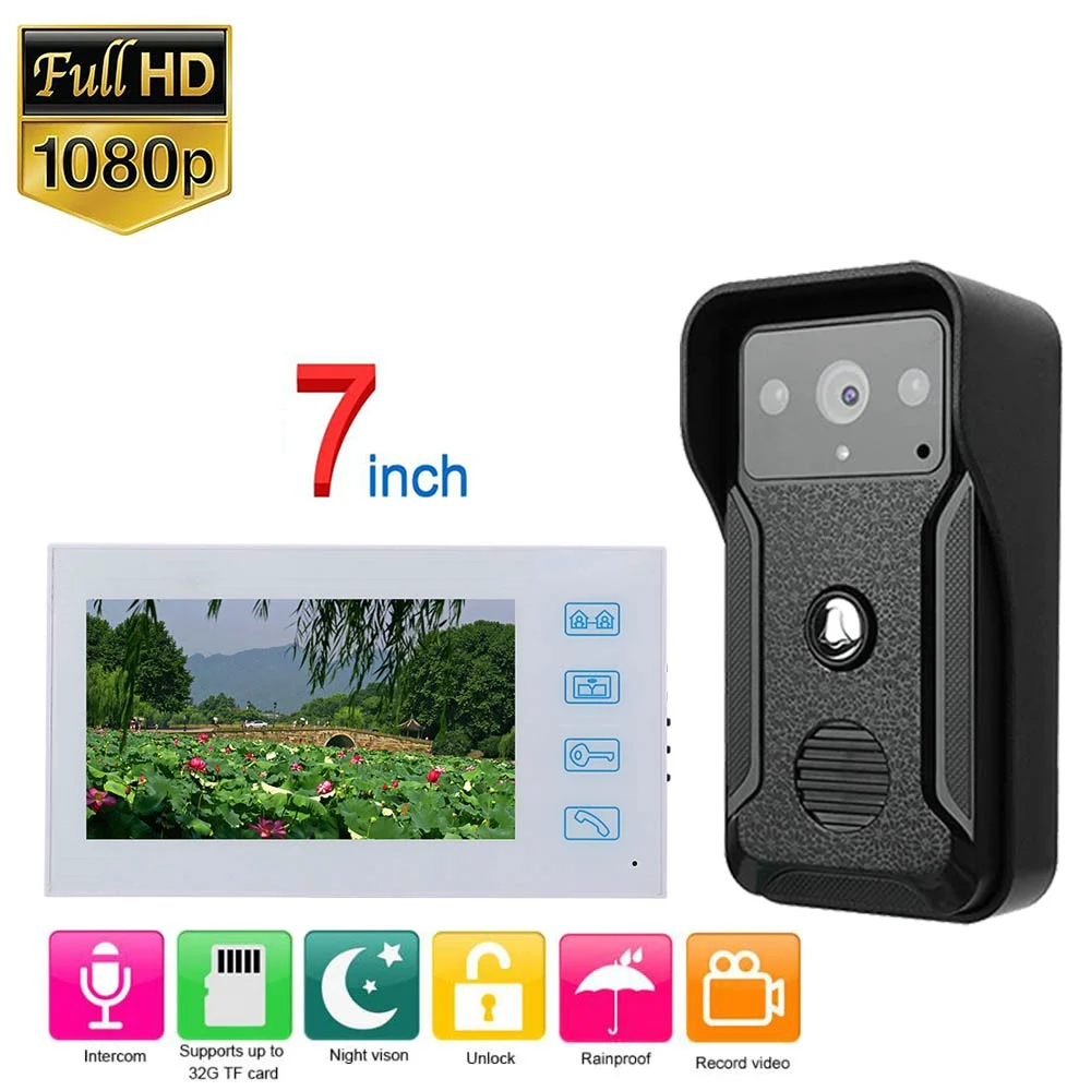 ##BUY White Video Intercom System Kit 7 inch Wired Video Door Phone Record Doorbell Intercom System with AHD 1080P Camera