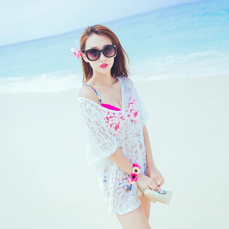 Sexy lace openwork beach coat bikini sunscreen clothing swimwear blouse holiday beach clothes white temperament coat