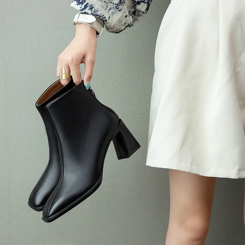 

Women ankle boots natural leather plus size online celebrity Cowhide stitching square toe ankle boots winter boots women
