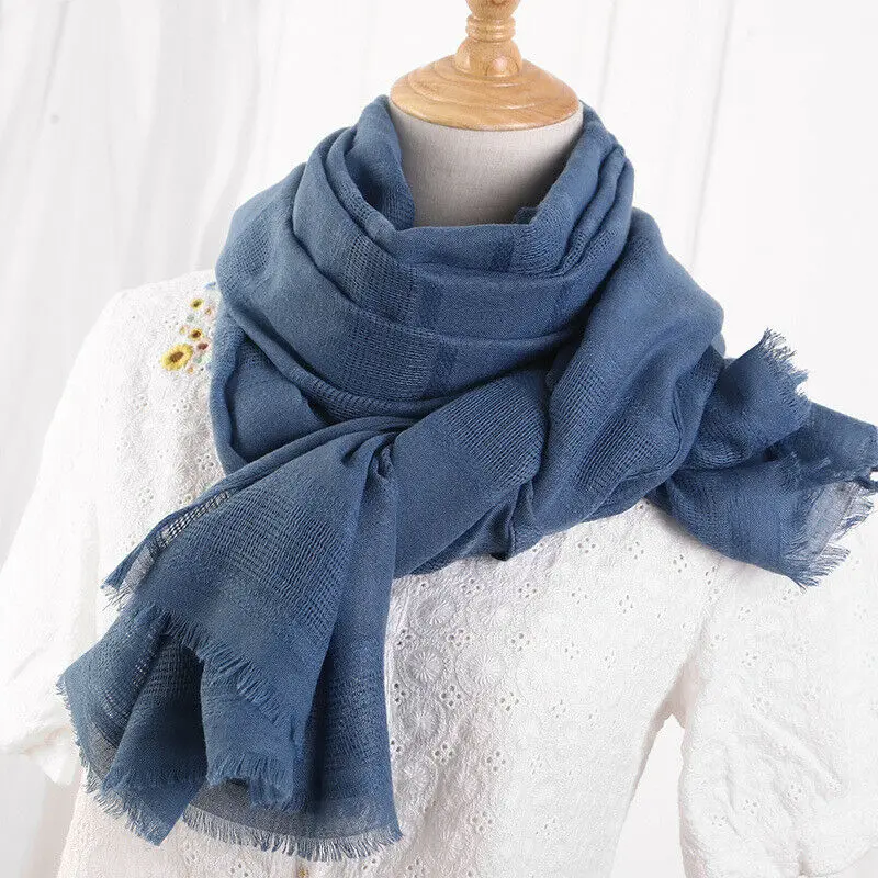 

New Fashion Womens Cotton Linen Pleat Scarf Long Pure Color Scarves Wrap Shawl Stole Black Blue Gray