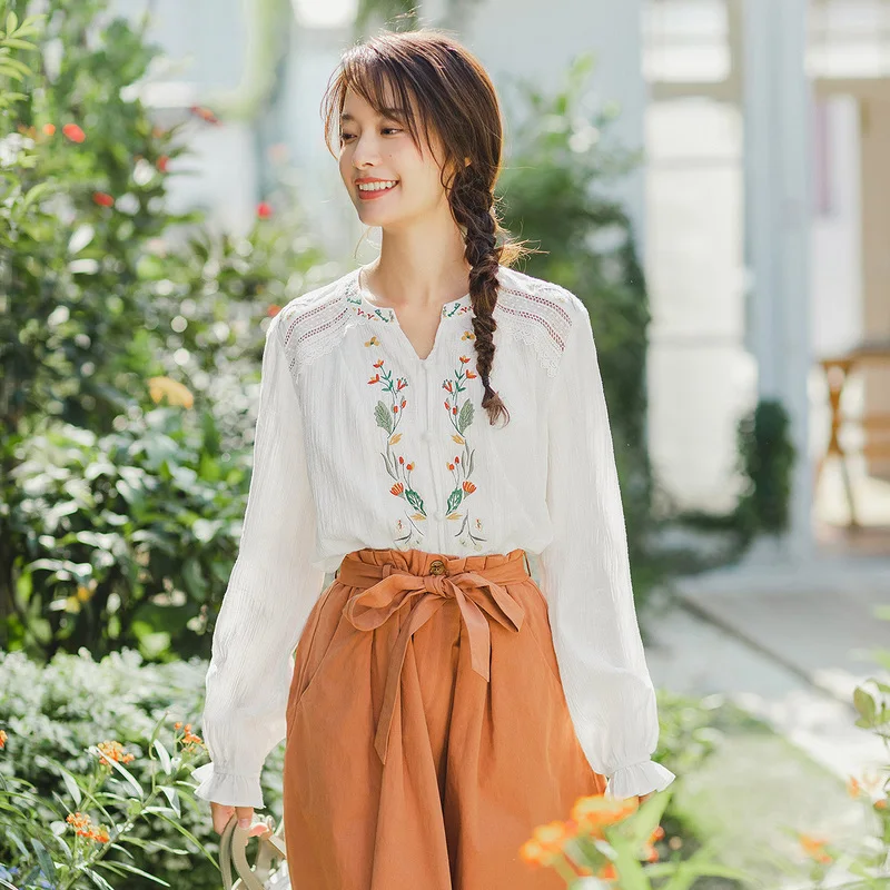 

INMAN 2020 Spring New Arrival Literary Open Collar Splicing Nylon Lace Embroidered Retro Blouse