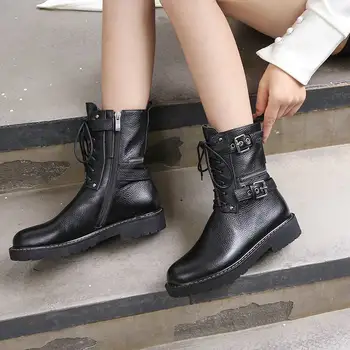 

Luxury brand thick low heel shoes women's ankle boots cow leather lace up motorcycle boots women's ankle boots botas mujer