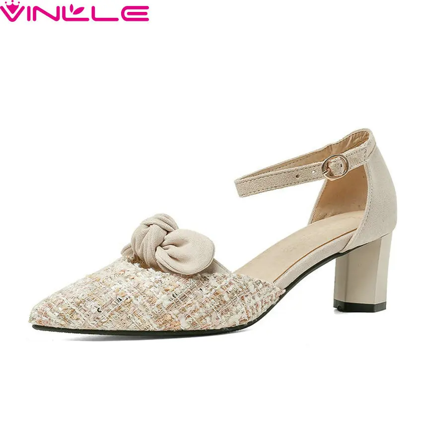 

VINLLE 2020 Cloth Flock Buckle Square High Heel Hollow Ladies Shoes Butterfly-Knot Pointed Toe Fashion Women Pumps Big Size34-43
