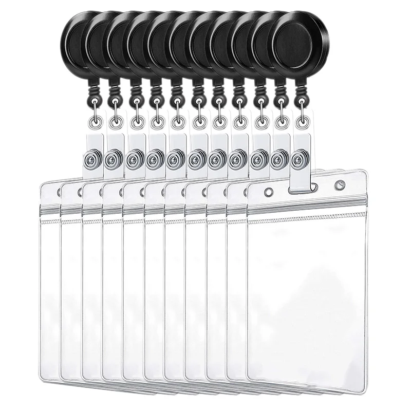 

10 Retractable Reel ID Badge Card Holder + 10 Double Sided Vertical Clear ID Pass Holder Bulk Kit. 24-Inch Nylon Badge Reel Cord
